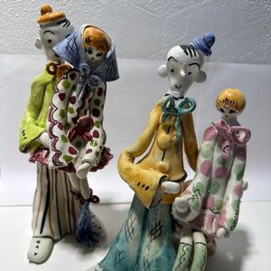 Vintage Ceramic Clown Couples Handmade Folk Art, Set of 2